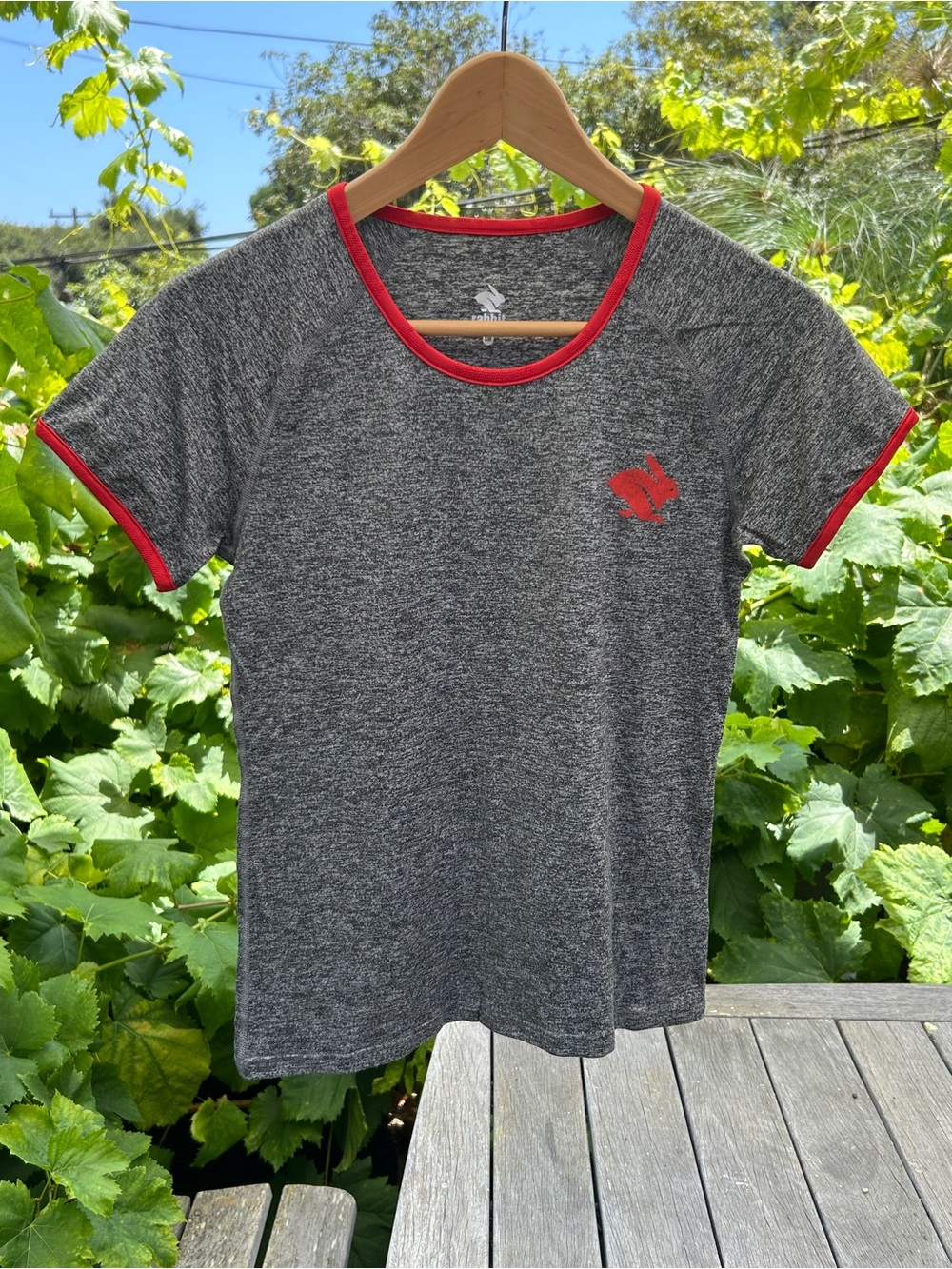 Rabbit Gray Heather Tee with Red Trim and Rabbit Logo - Running